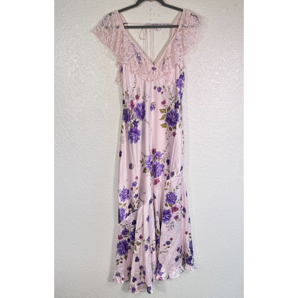 Free People Warm Hearts Dress Womens Medium Midi Floral Satin Lace Trim Romantic